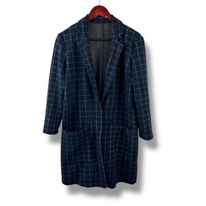 Anthropologie Harlyn Morganne Plaid Long Jacket Blue Windowpane Dark Academia